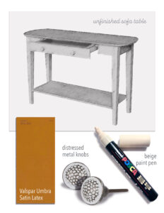 Materials needed for project: table, drawer knobs, paint color, and paint marker
