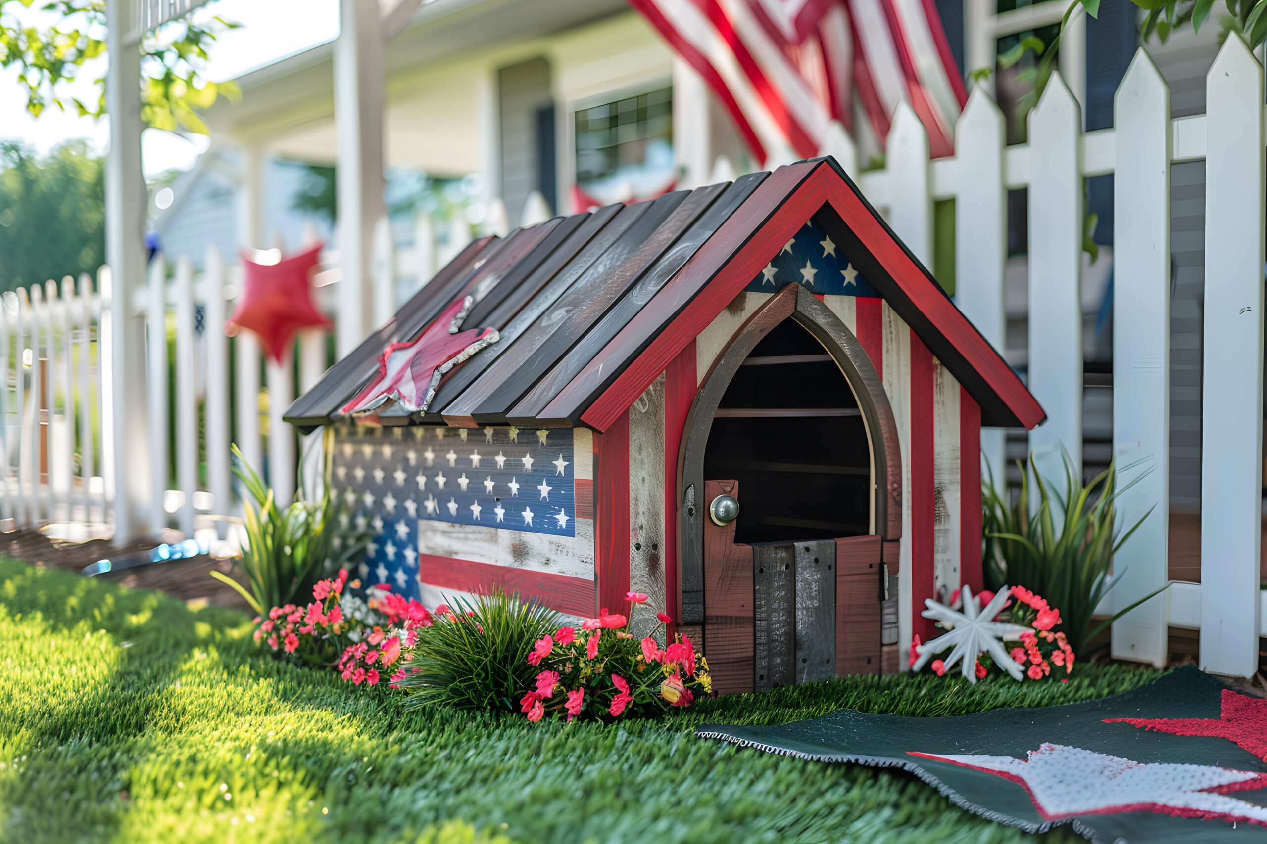 Patriotic yard and dog house