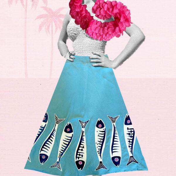 Teal blue linen skirt decorated with painted sardines